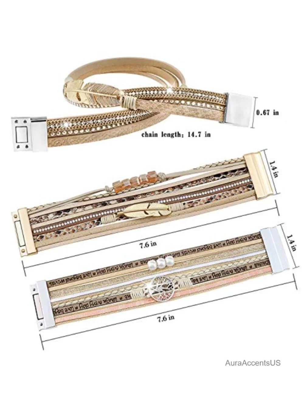 3 Pack Leather Cuff Bracelets Multilayer Wrap Magnetic Clasp Set